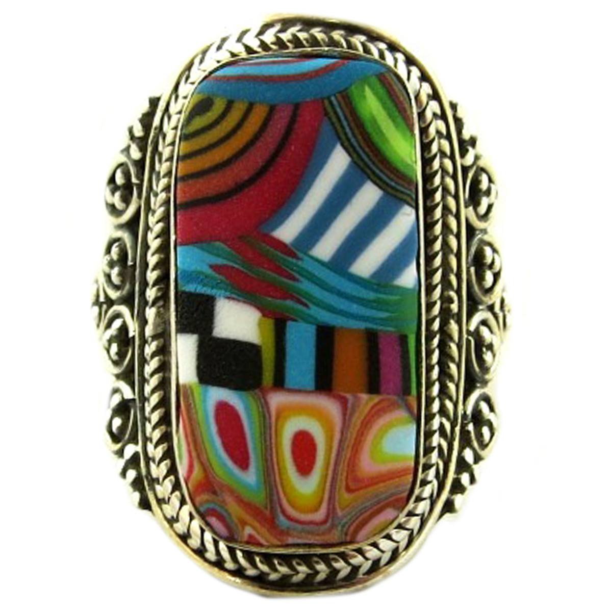 Bague argent artisanale \'Colombine & Arlequin\' multicolore argenté - 25x15 mm - [P9848]