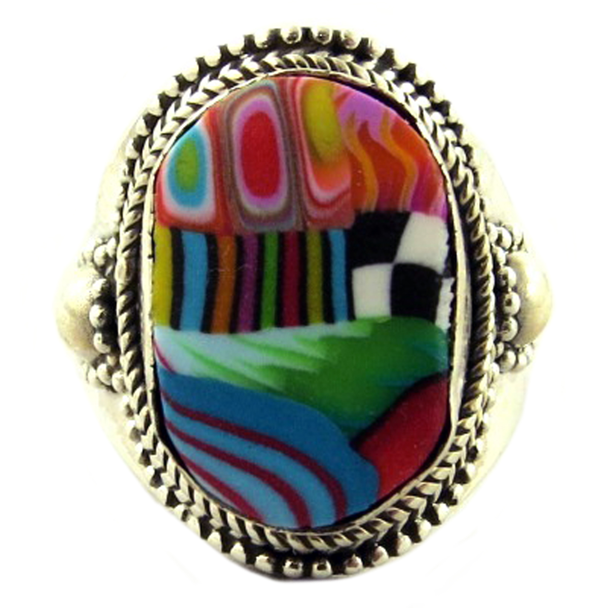 Bague argent artisanale \'Colombine & Arlequin\' multicolore argenté - 22x13 mm - [P9850]