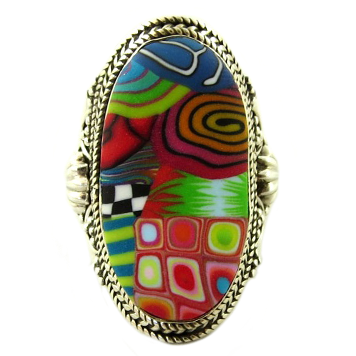 Bague argent artisanale \'Colombine & Arlequin\' multicolore argenté - 31x16 mm - [Q0002]