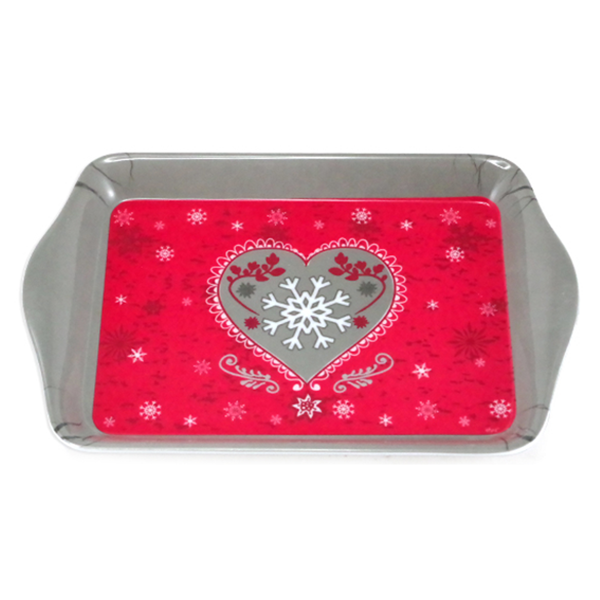 Petit Plateau mélamine \'Chalet\' rouge gris (flocon d\'amour) - 21x14 cm - [A1085]