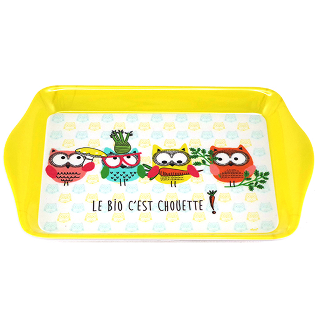 Petit Plateau mélamine \'Chouettes\' jaune multicolore (le Bio c\'est Chouette !) - 21x14 cm - [A2549]