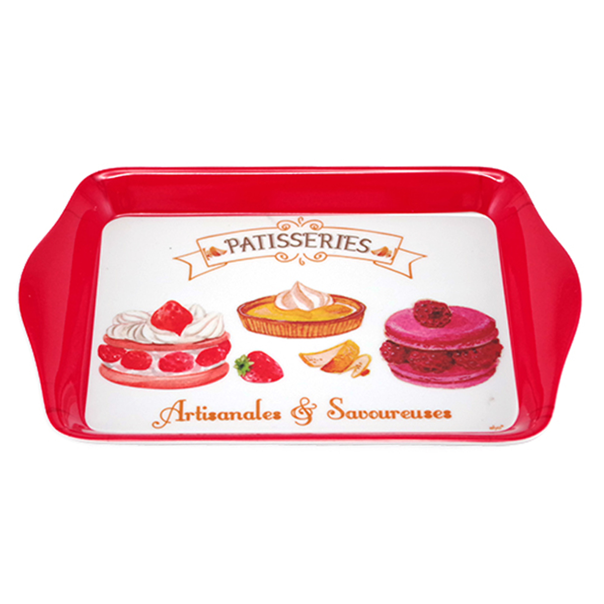 Petit Plateau mélamine \'Pâtisseries\' rouge blanc (Artisanales et Savoureuses) - 21x14 cm - [A2551]
