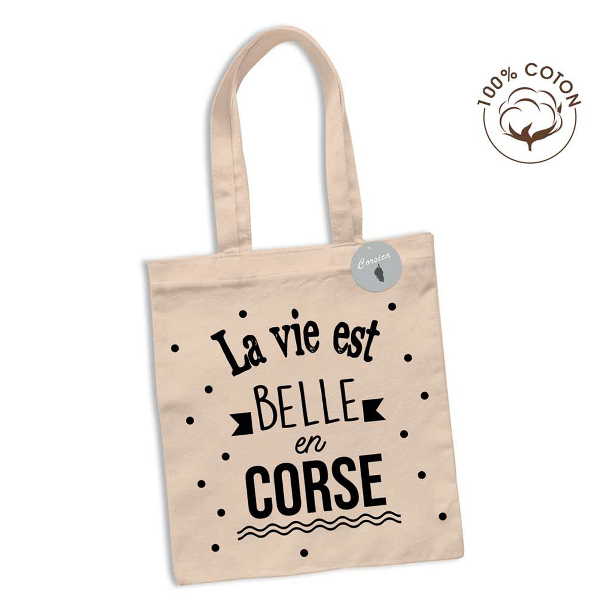 Sac coton / tote bag \'Corsica\' noir beige (La vie est belle en Corse) - 63x365 cm - [R2628]