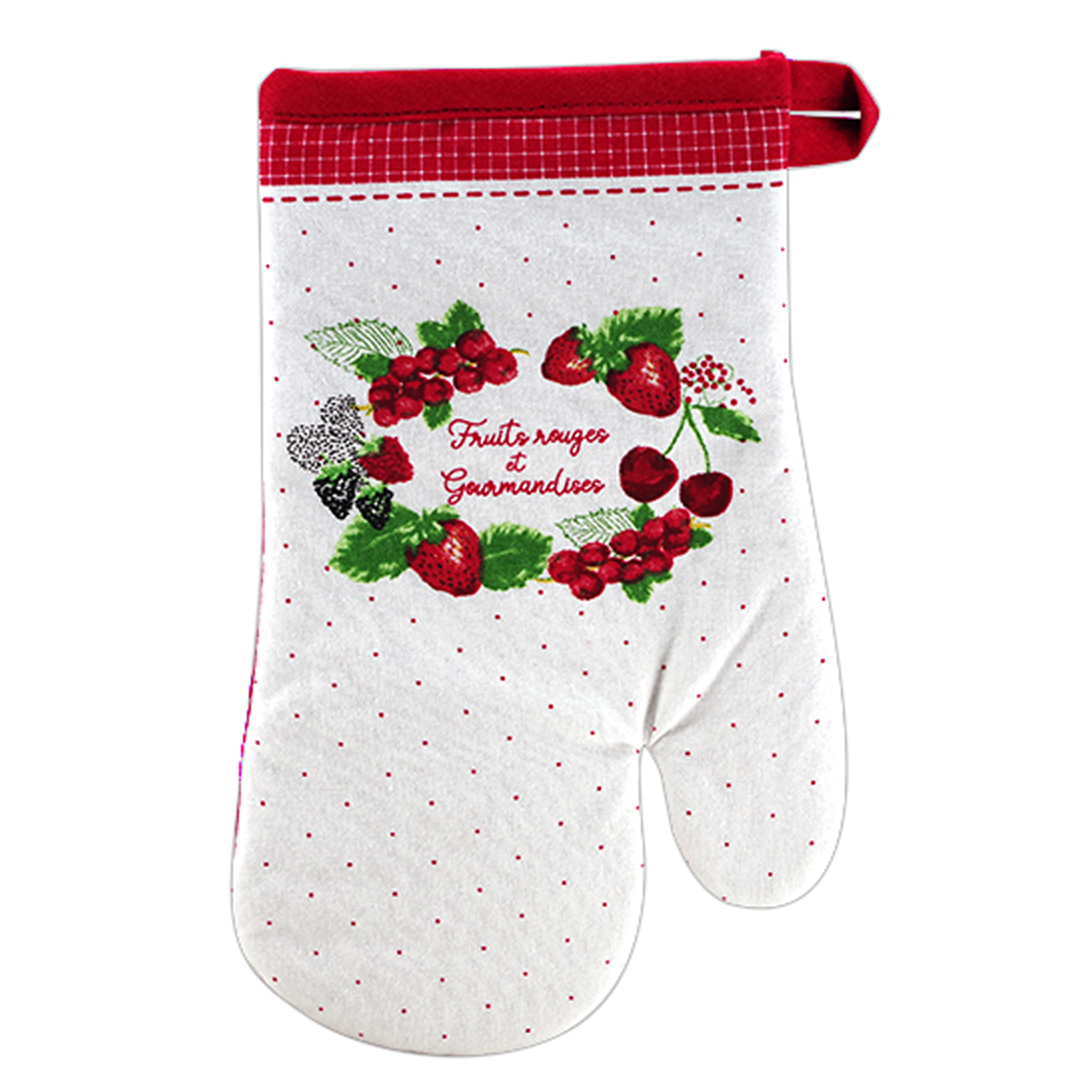 Gant de cuisine \'Fruits Rouges et Gourmandises\' rouge blanc - 28x14 cm - [R6594]