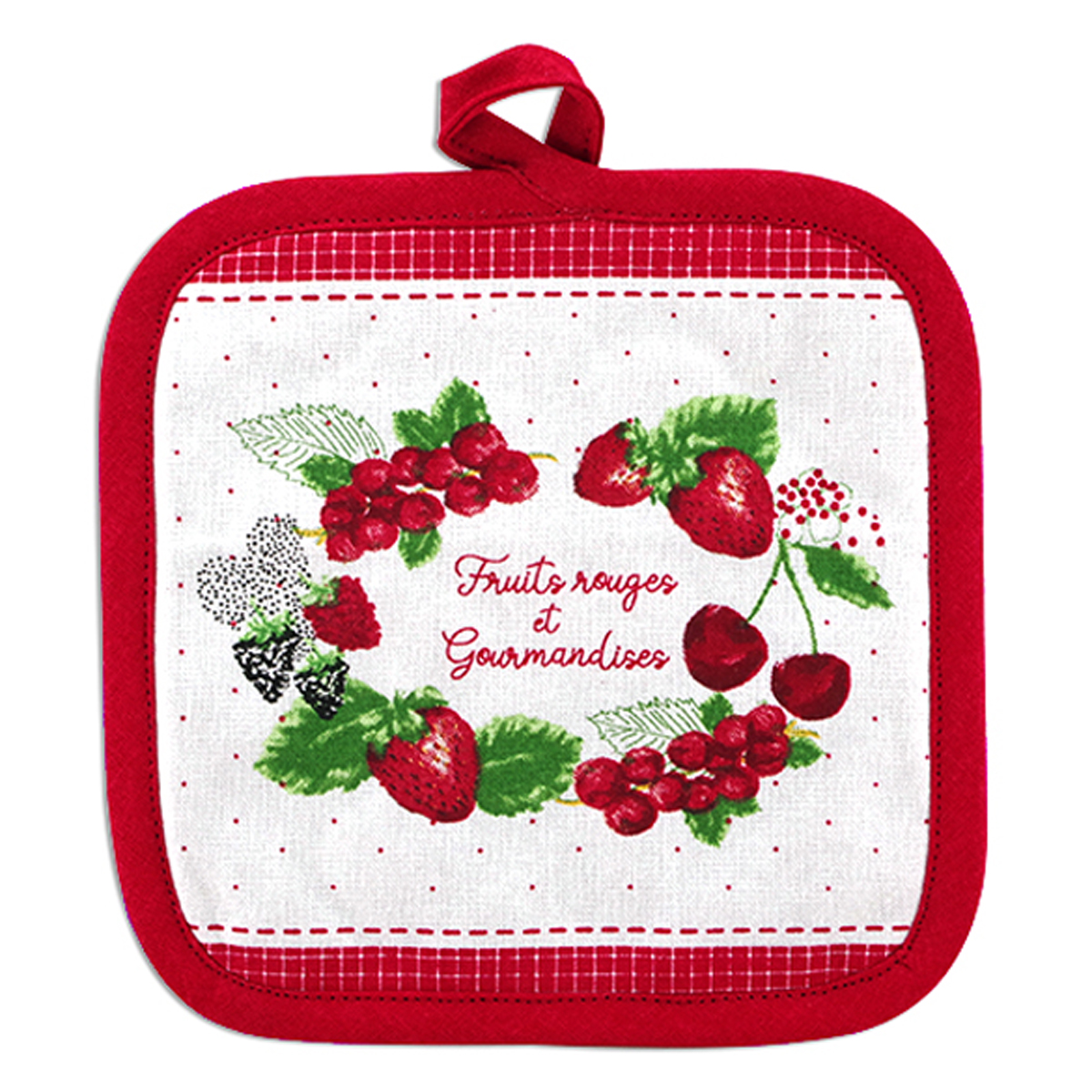 Manique coton \'Fruits Rouges et Gourmandises\' rouge blanc - 20x20 cm - [R6595]