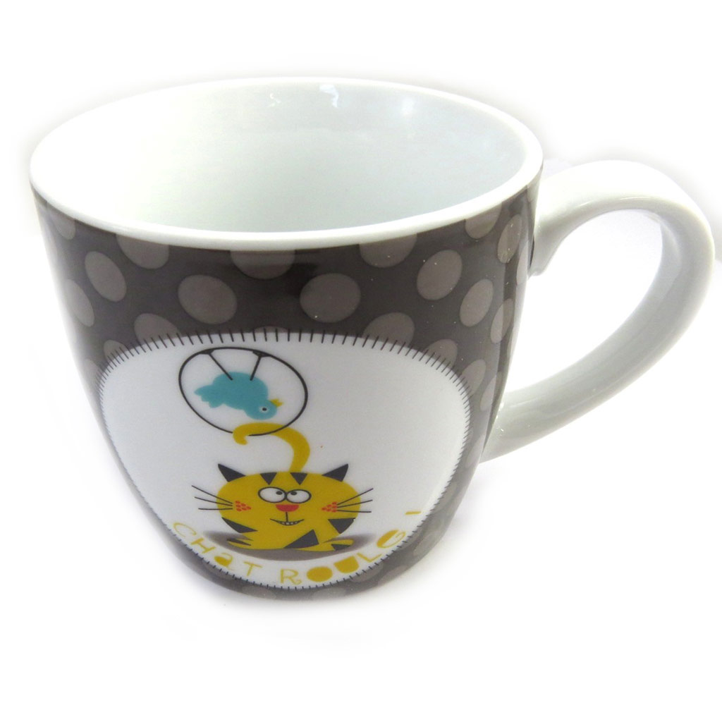 Mug porcelaine \'Fripouille Chat Roulé\' taupe - 9x9 cm - [M3396]