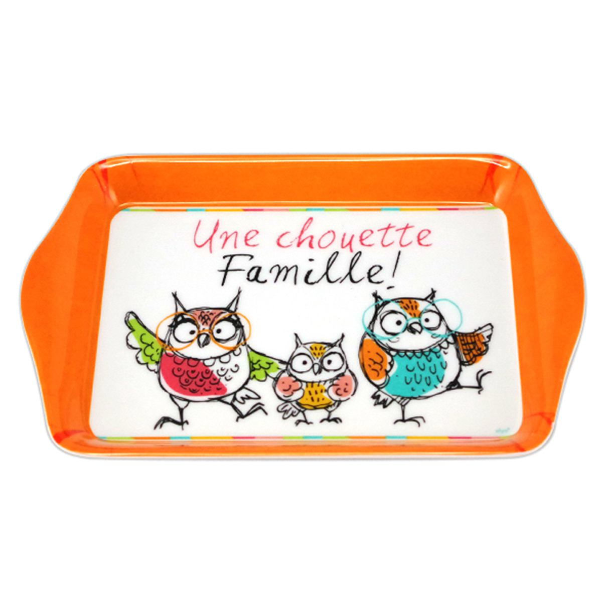 Petit Plateau mélamine \'Chouettes\' orange multicolore (Une chouette Famille !) - 21x14 cm - [R6784]