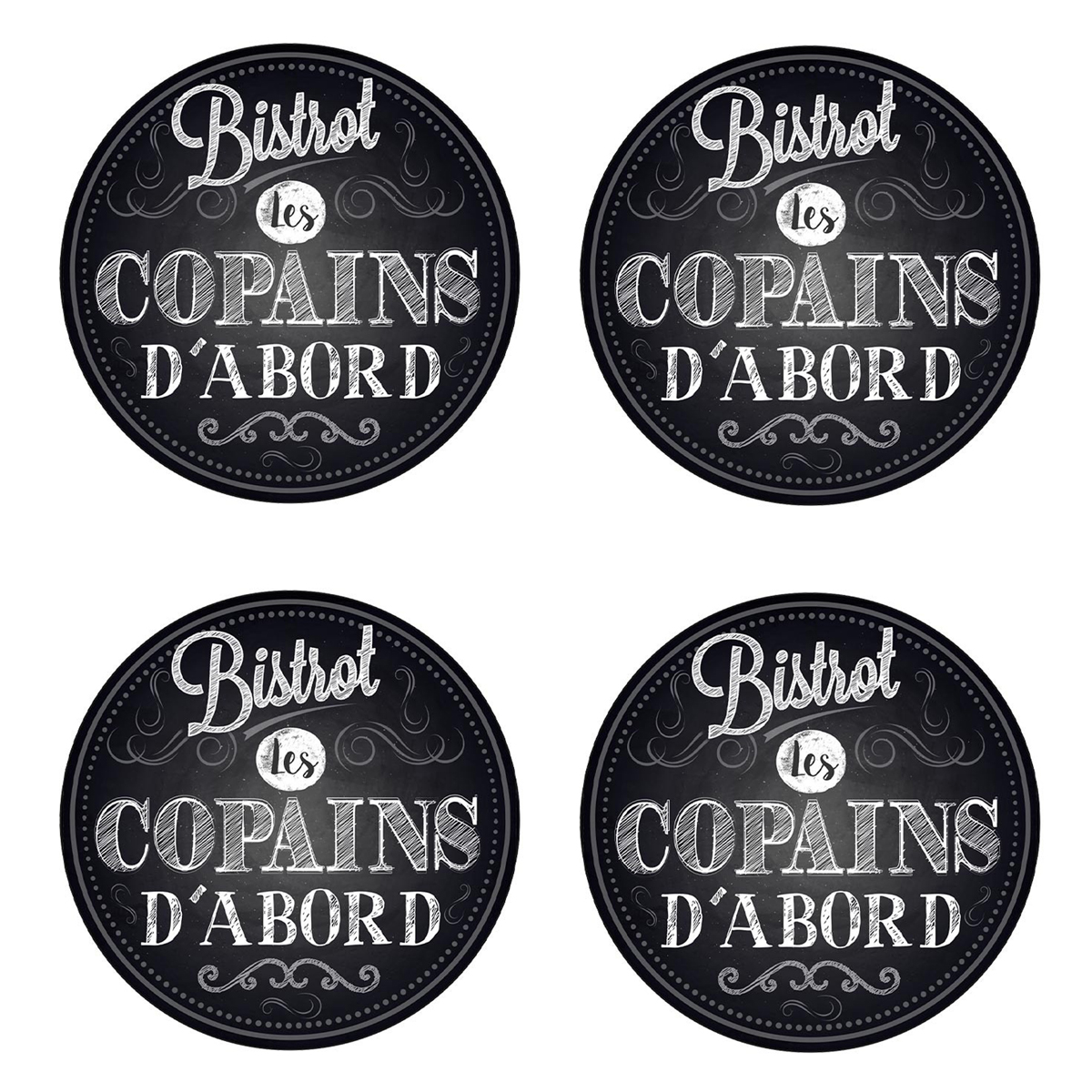 4 dessous de verre \'Bistrot les Copains d\'Abord\' gris (bois/liège) - 95 mm - [A1627]