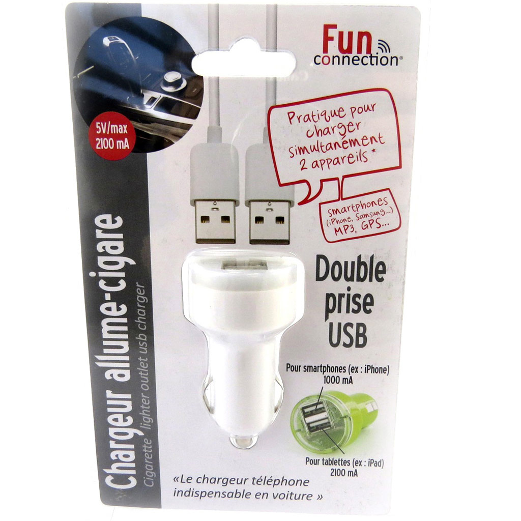Chargeur allume-cigare \'Coloriage\' blanc (double USB) - [L9145]