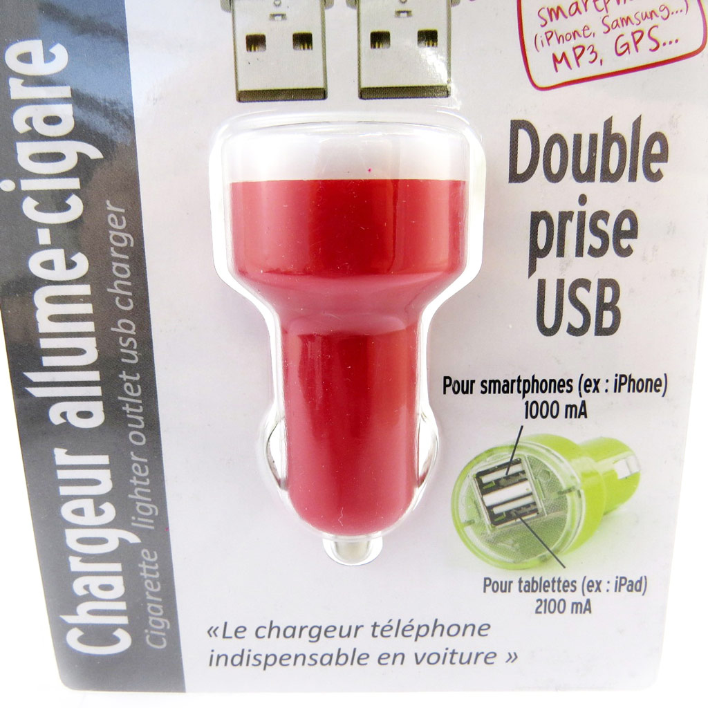 Chargeur allume-cigare \'Coloriage\' rouge (double USB) - [L9146]