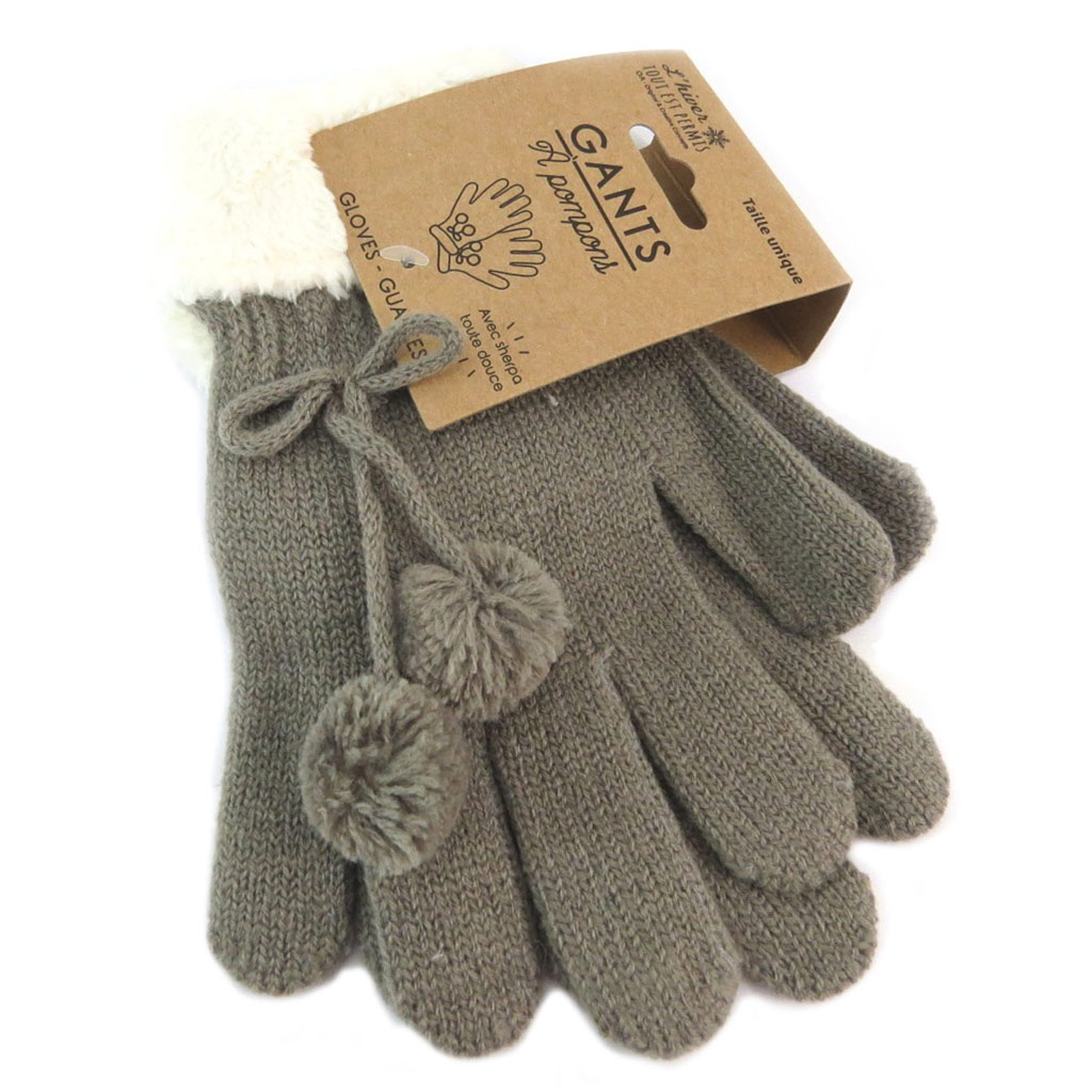 Gants femme \'Pompons\' gris beige - [P6189]
