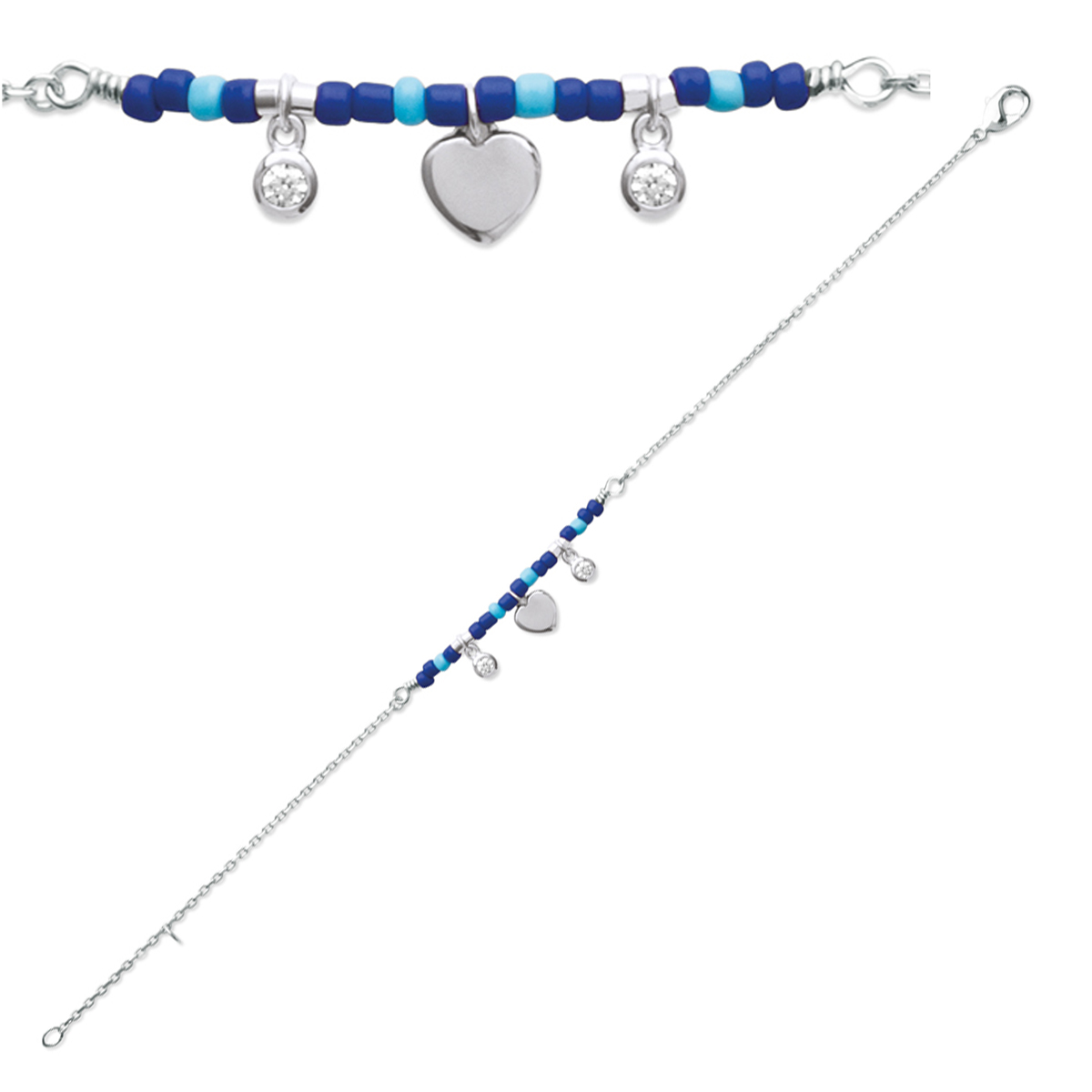 Bracelet Argent \'Boho\' bleu argenté (rhodié) - coeur 6x6 mm - [P9274]