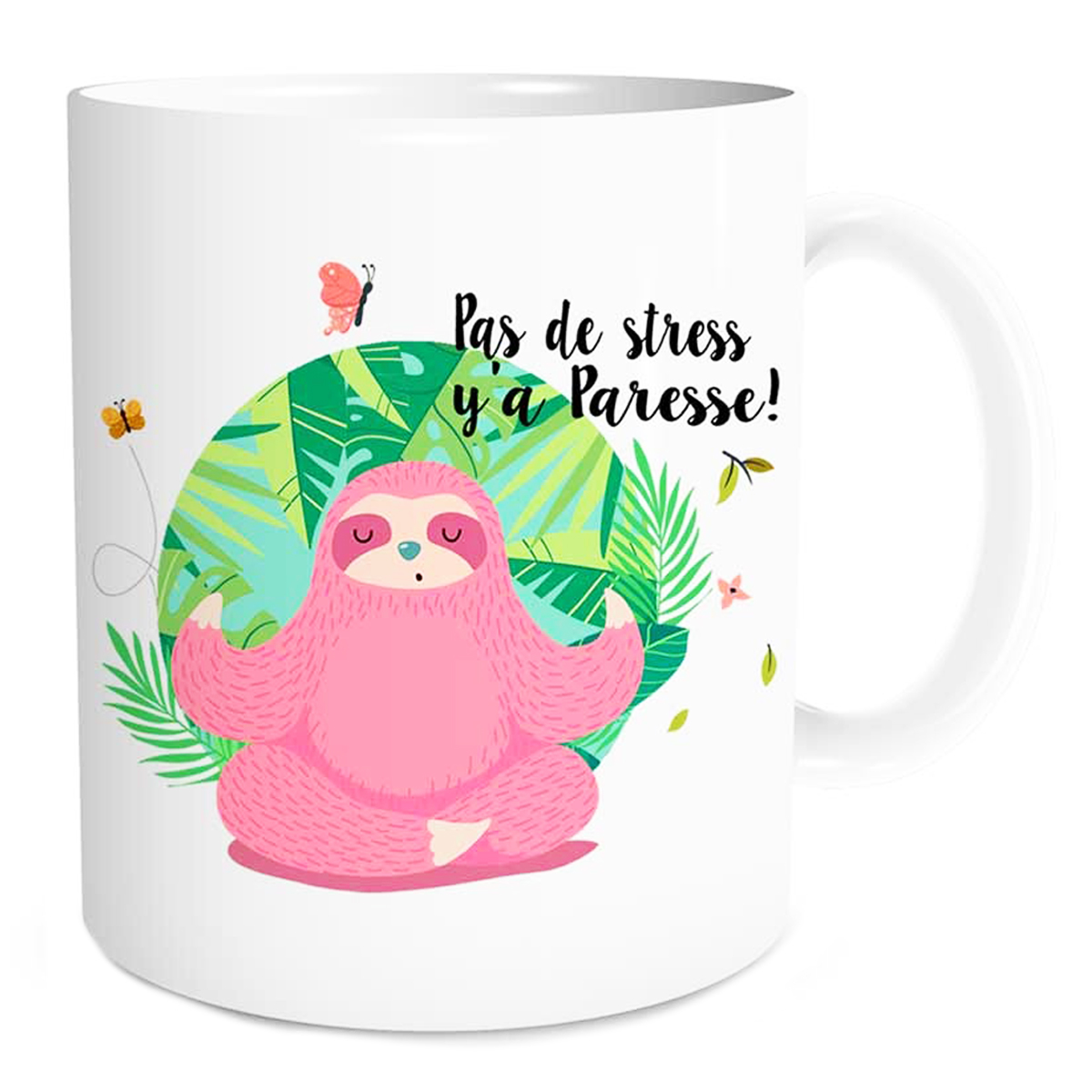 Mug céramique \'Paresseux\' rose vert (Pas de stress y\'a Paresse !) - 95x80 mm - [Q2403]
