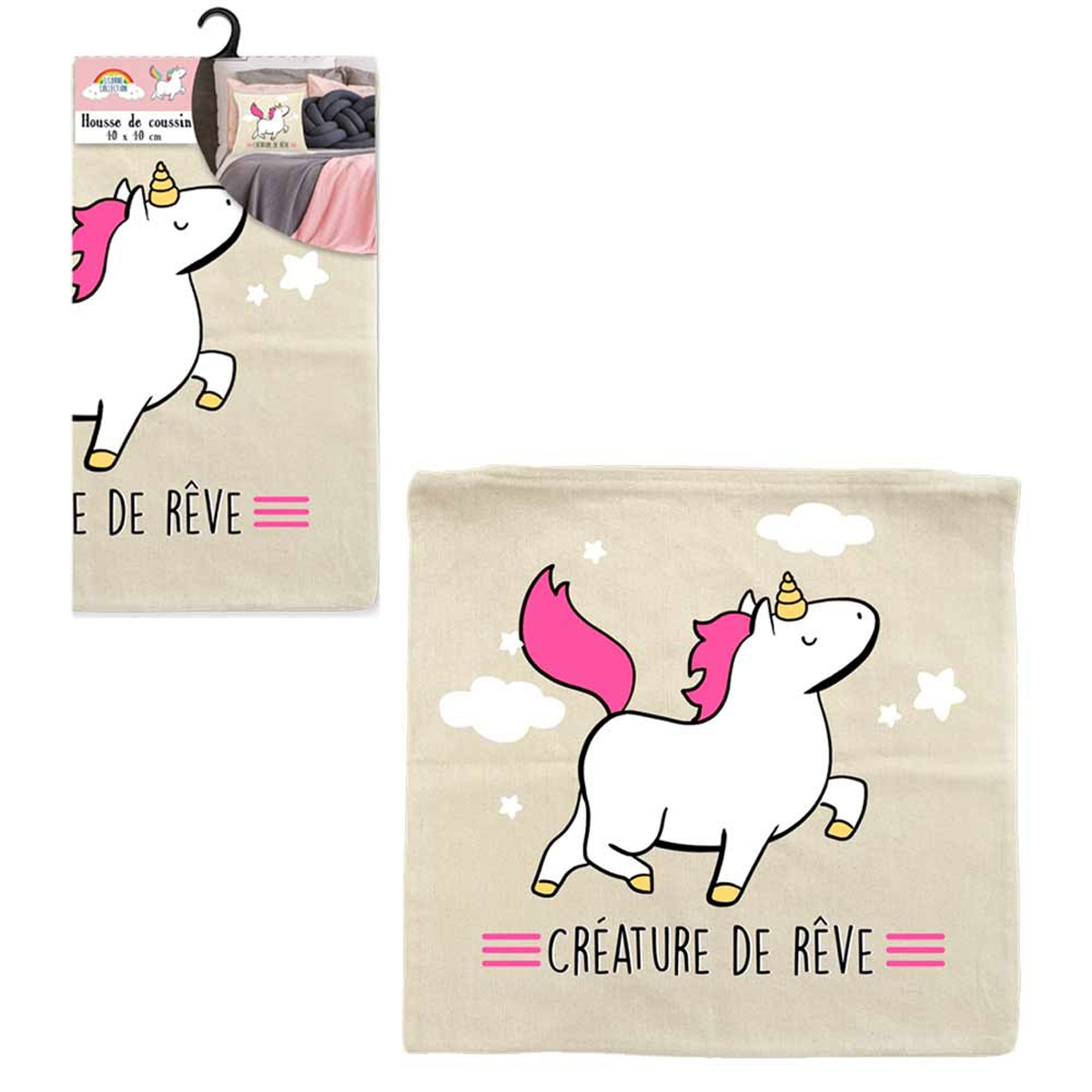 Housse de coussin coton \'Licorne My Unicorn\' beige rose (Créature de rêve) - 40x40 cm - [Q2406]
