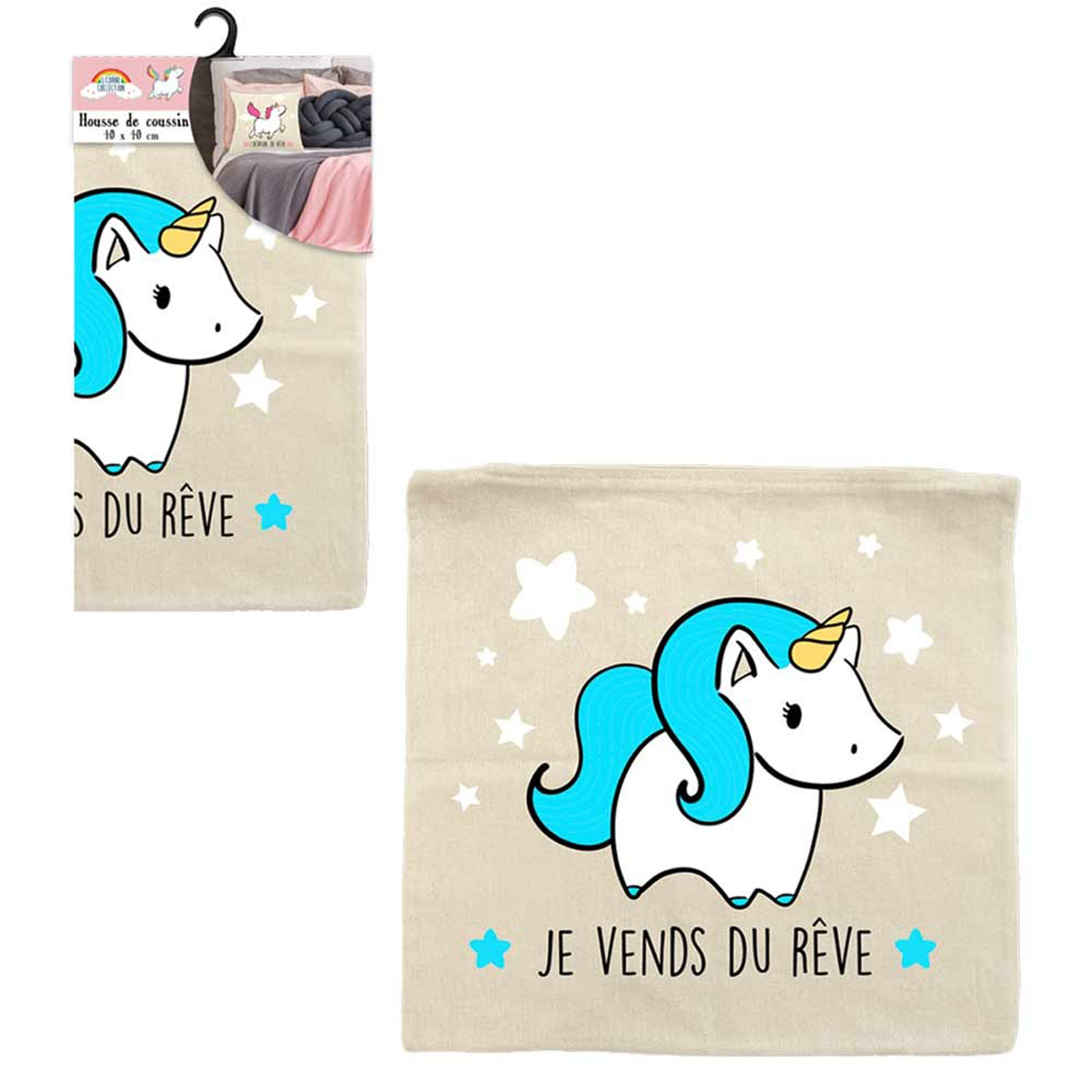 Housse de coussin coton \'Licorne My Unicorn\' beige turquoise (Je vends du rêve) - 40x40 cm - [Q2407]