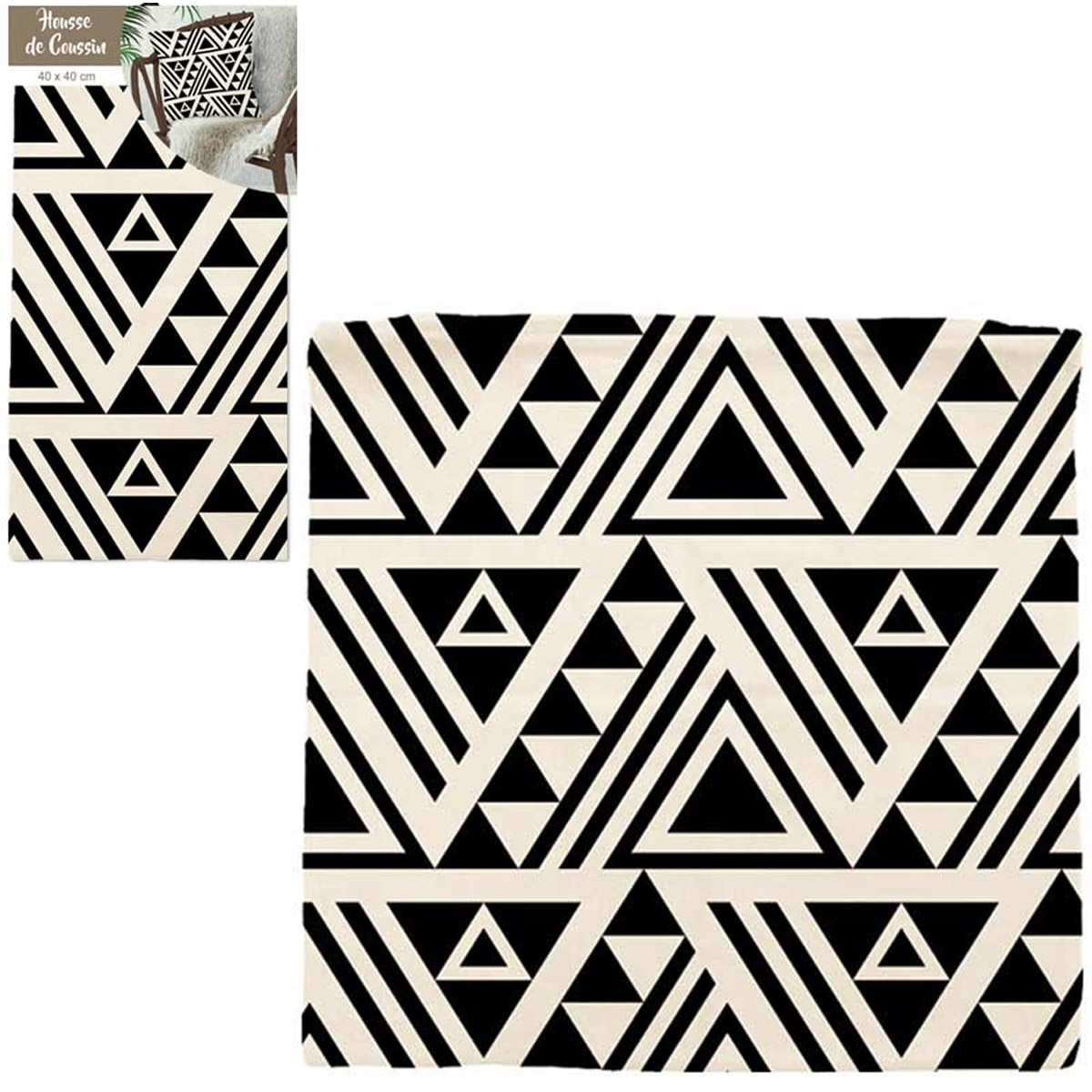Housse de coussin coton \'Boho\' beige noir (ethnik) - 40x40 cm - [Q3515]