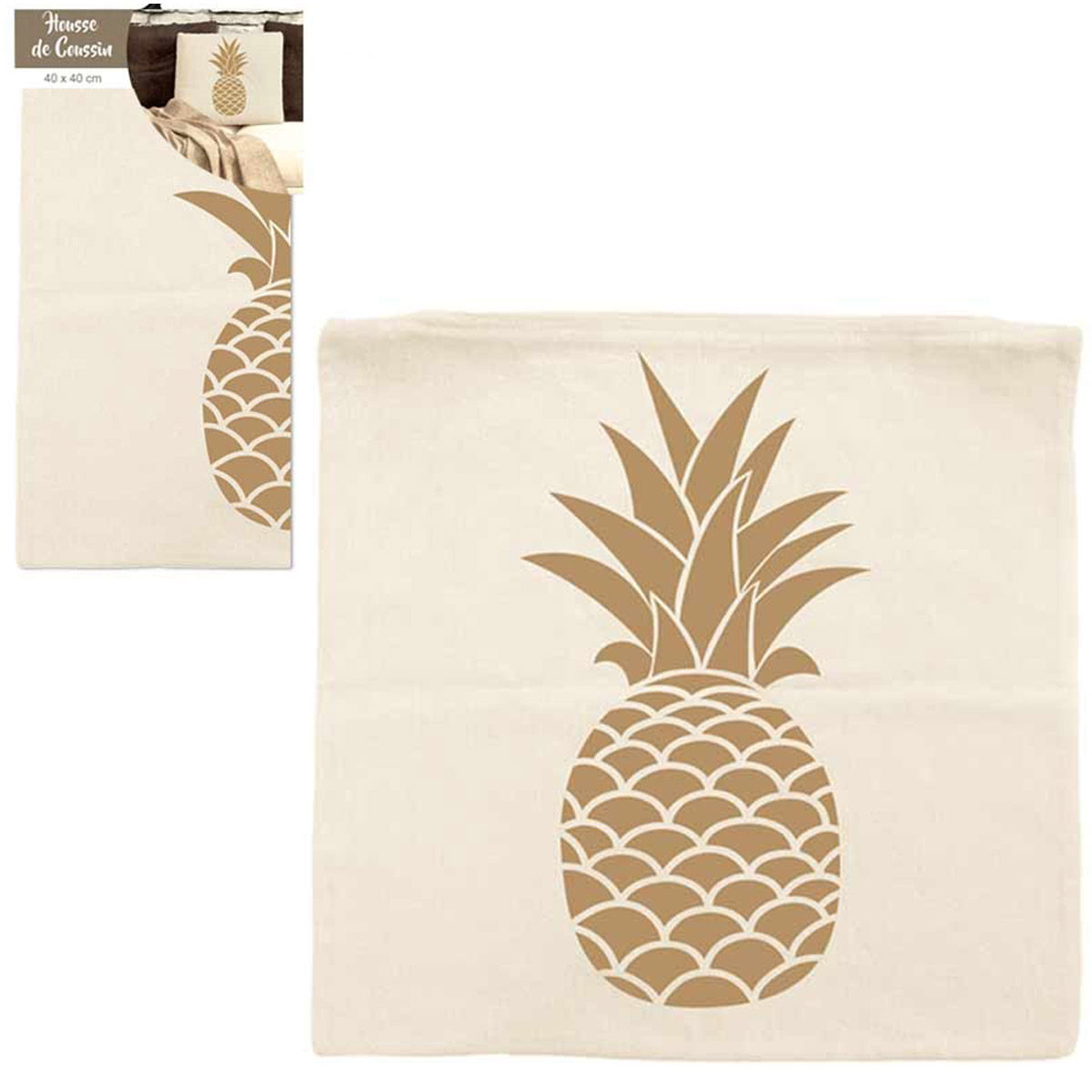 Housse de coussin coton \'Nature\' beige taupe (ananas) - 40x40 cm - [Q3520]