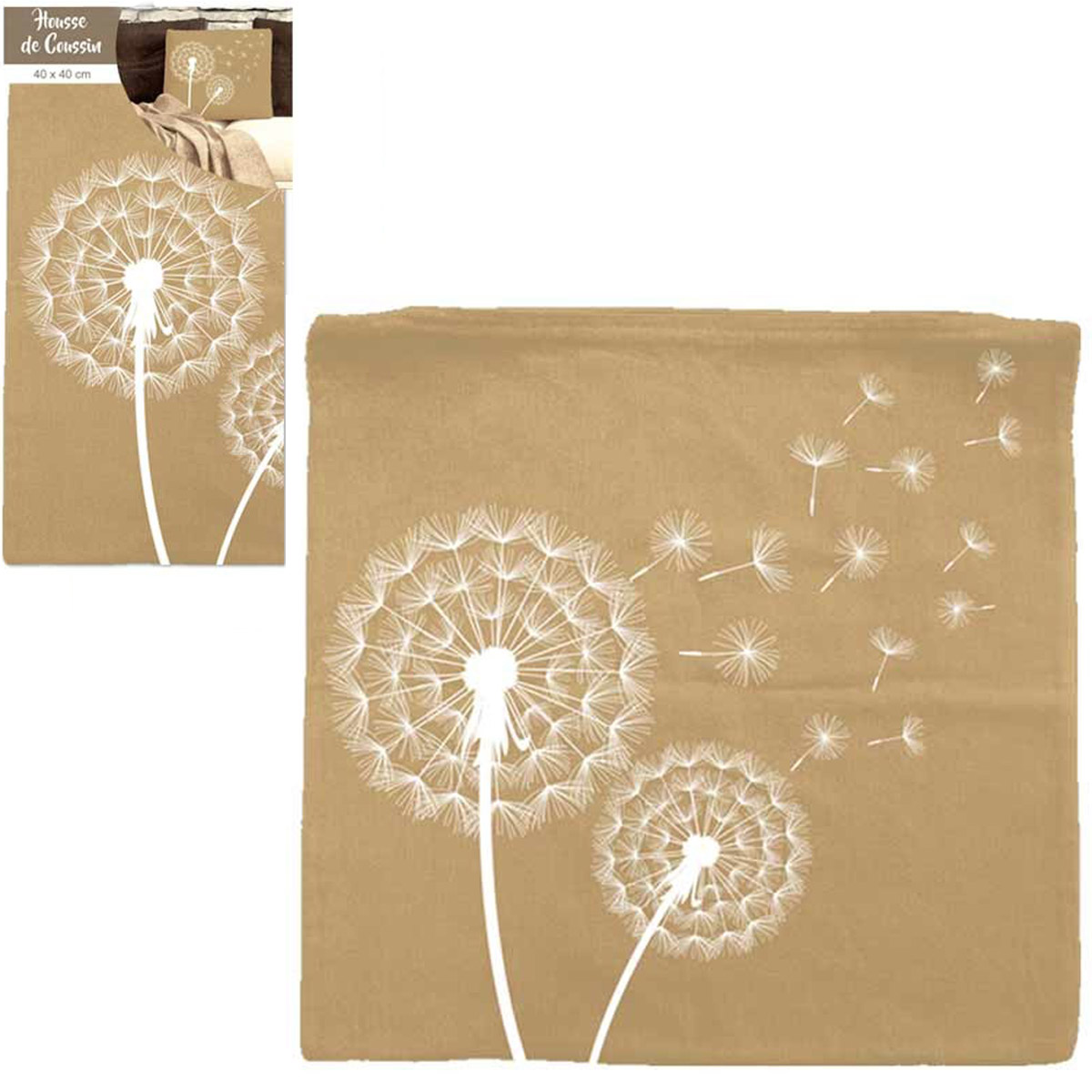 Housse de coussin coton \'Nature\' taupe (pissenlit) - 40x40 cm - [Q3521]