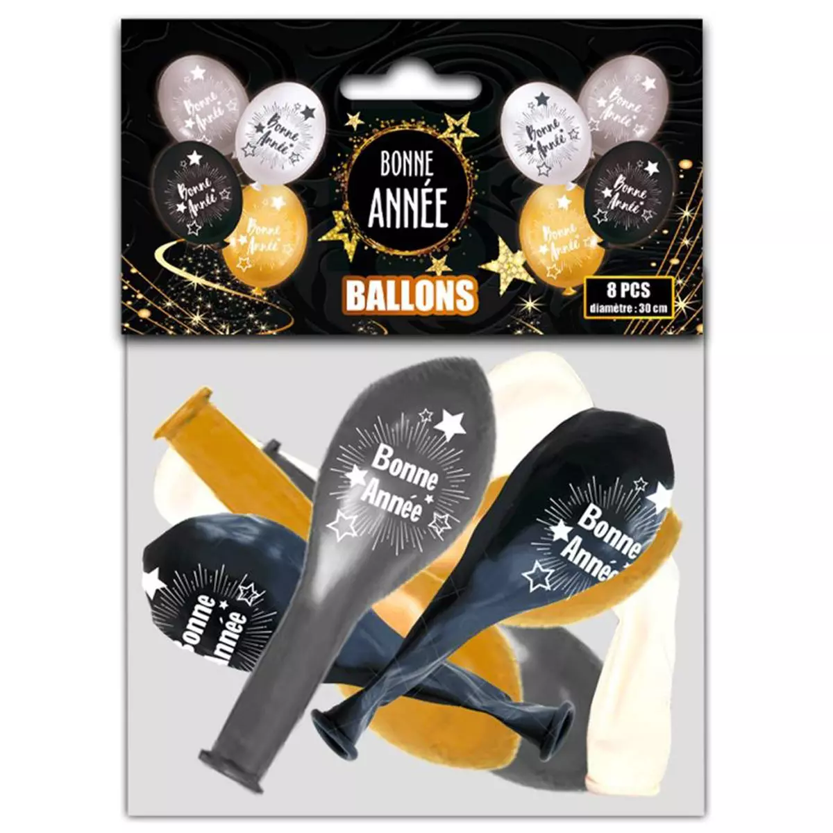 les trésors de lily Set de 8 ballons 'Bonne Année' noir gris doré jusqu'à 35 cm [Q4553]