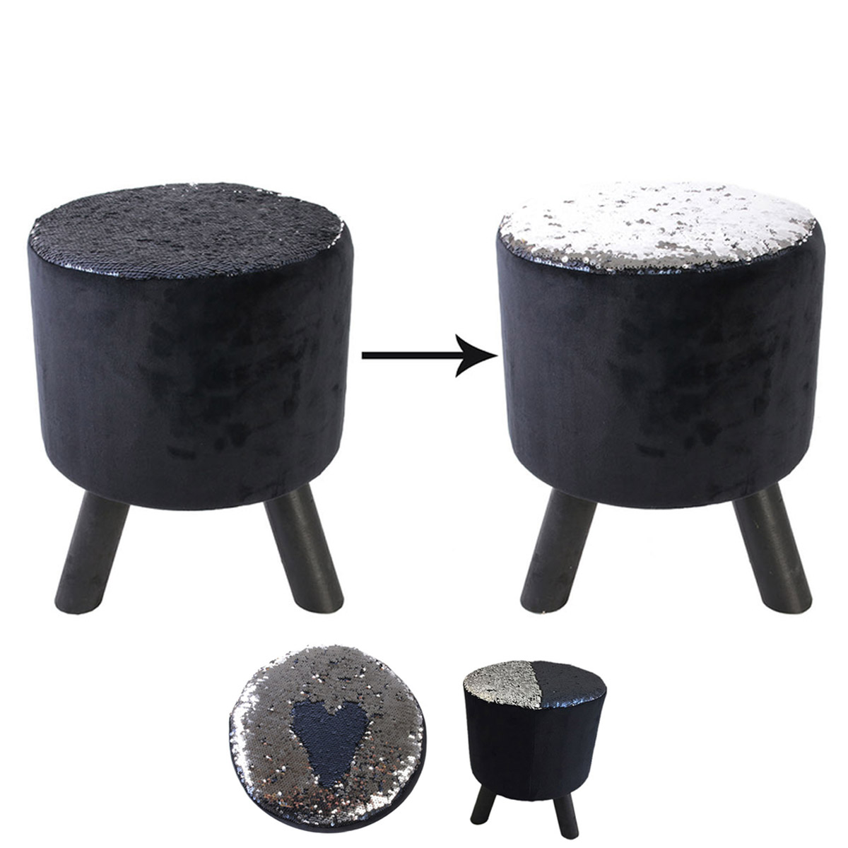 Tabouret bois \'Scarlett\' marine argenté (sequins) - 38x30 cm  - [R2406]