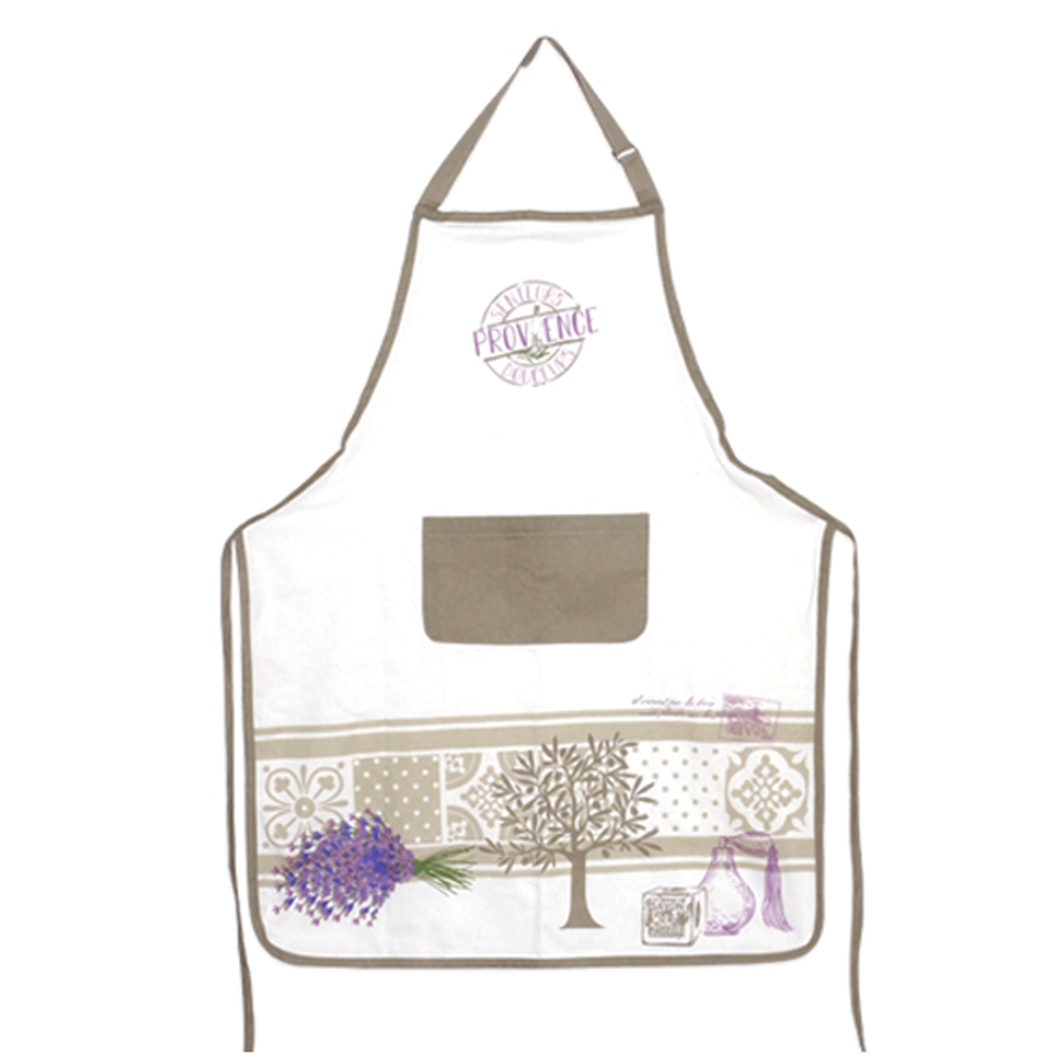Tablier de cuisine coton \'Provence\' taupe violet ivoire - 90x70 cm - [A0250]
