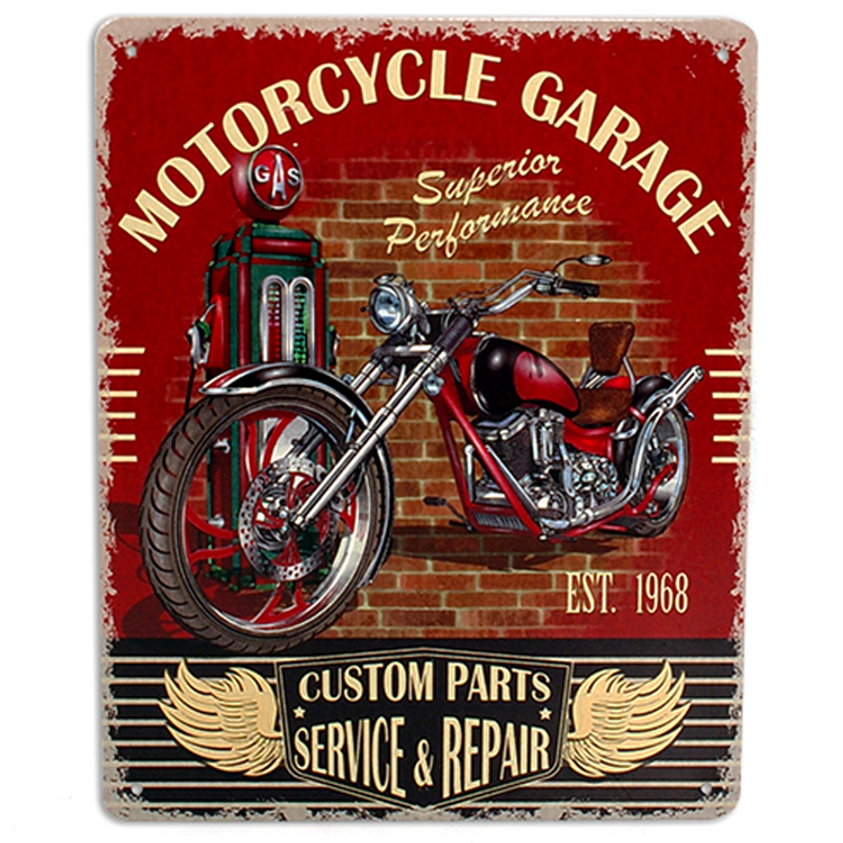 Plaque métal rétro \'Motorcycle Garage\' rouge noir vintage - 25x20 cm - [A0296]