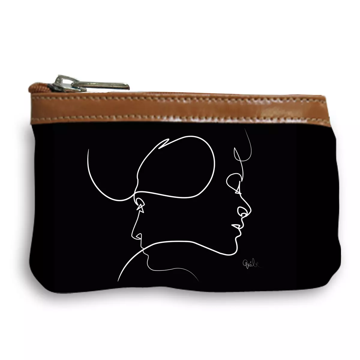 les trésors de lily Pochette trousse artisanale 'Quibe' noir marron (Presque visages) 14x10x2 cm [A0325]