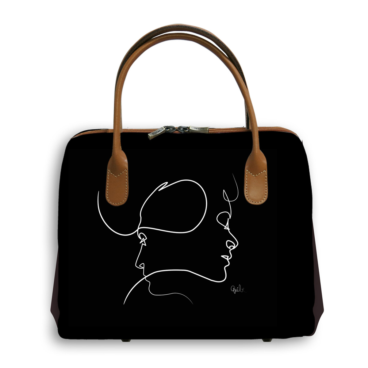 Sac créateur artisanal \'Quibe\' noir marron (Presque - visages)  - 30x26x11 cm - [A0330]