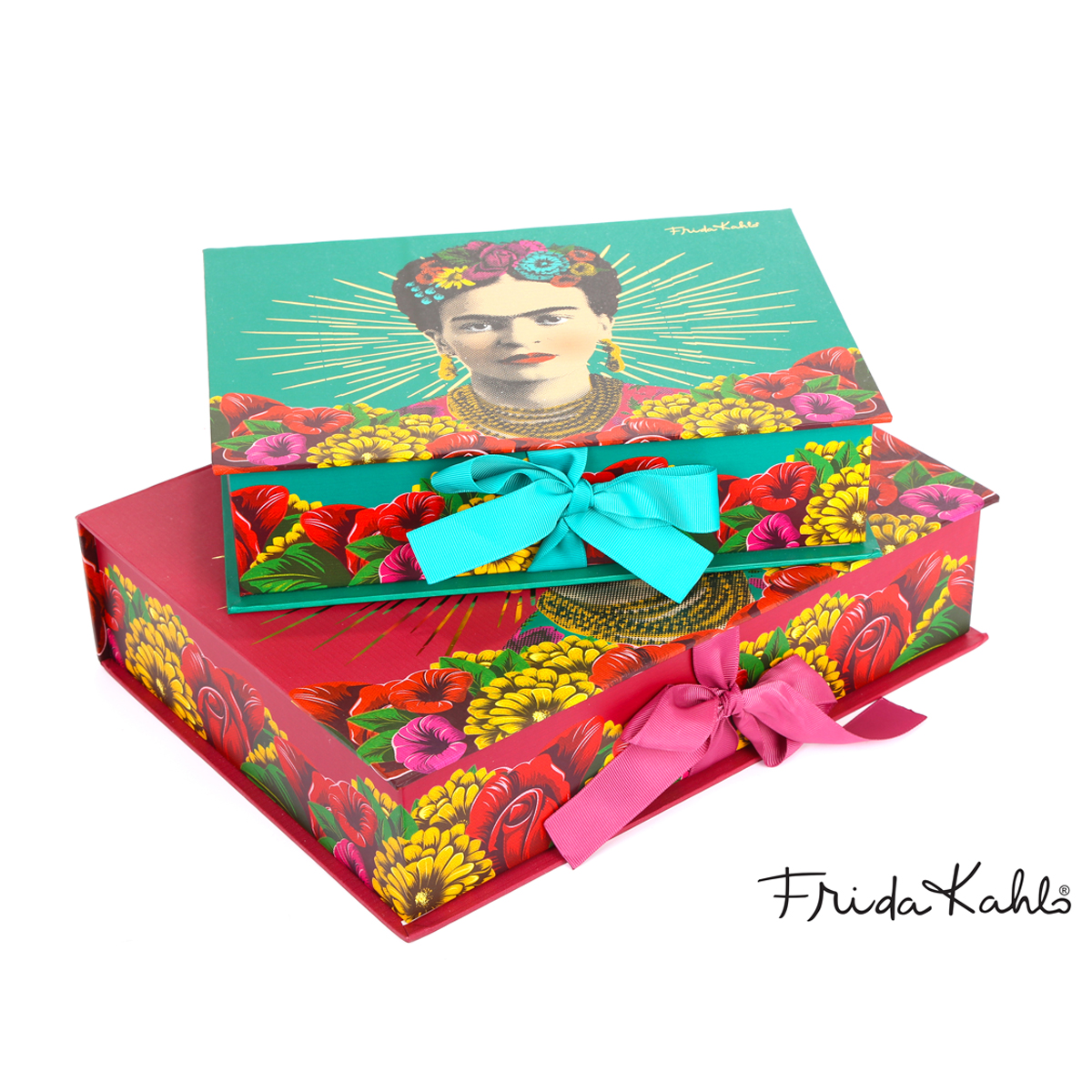 2 boites gigognes \'Frida Kahlo\' vert rouge - 33x24x8 cm et 28x20x7 cm - [A0606]