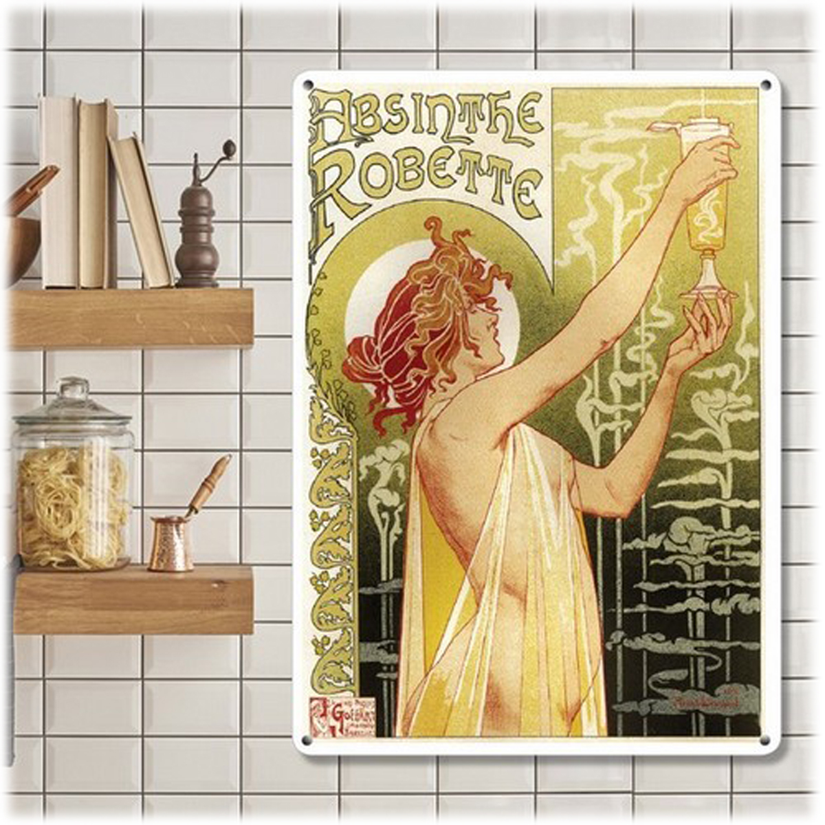 Plaque métal rétro \'Absinthe Robette\' vert jaune - 20x15 cm - [A0634]