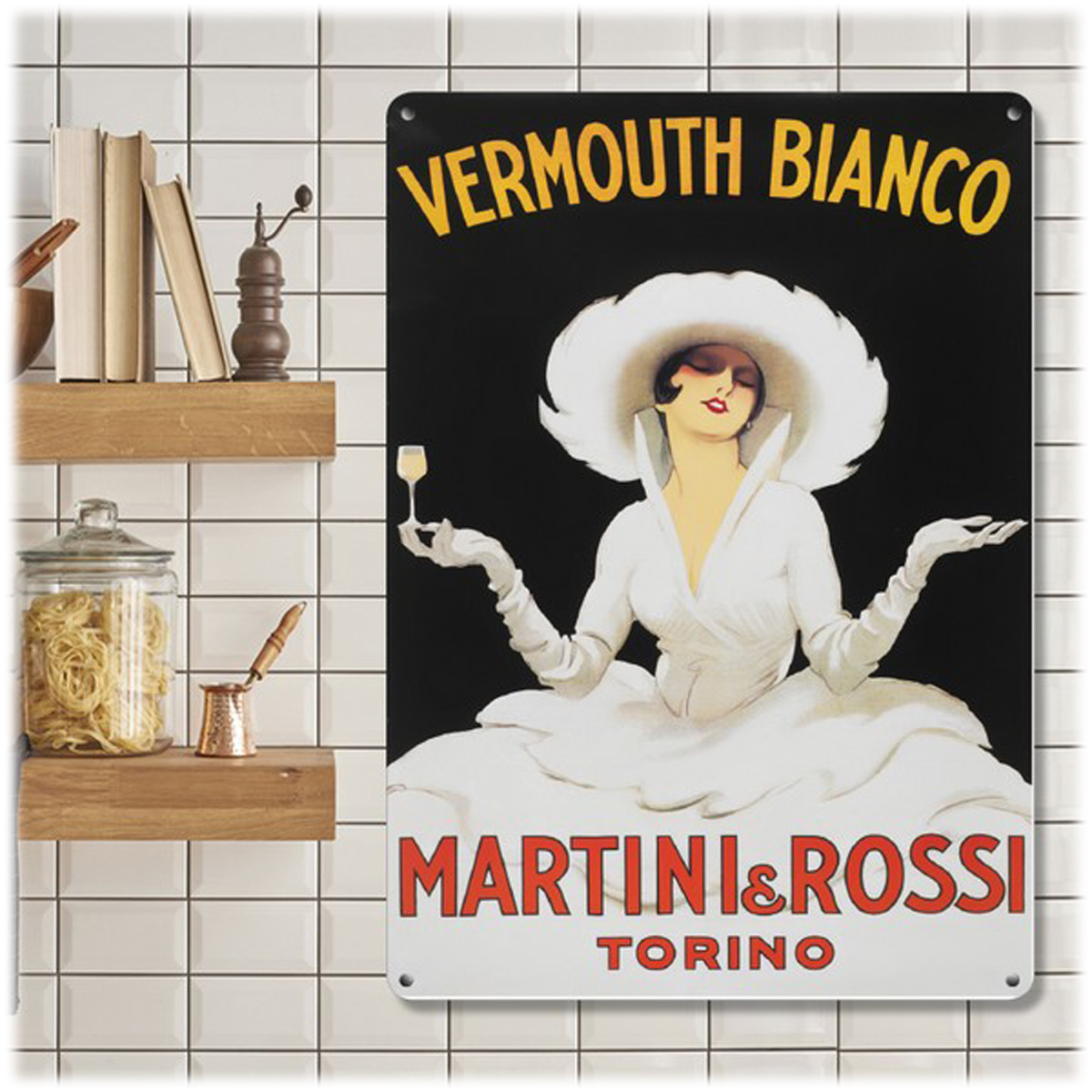 Plaque métal rétro \'Vermouth Bianco Martini Rossi\' noir blanc - 20x15 cm - [A0635]