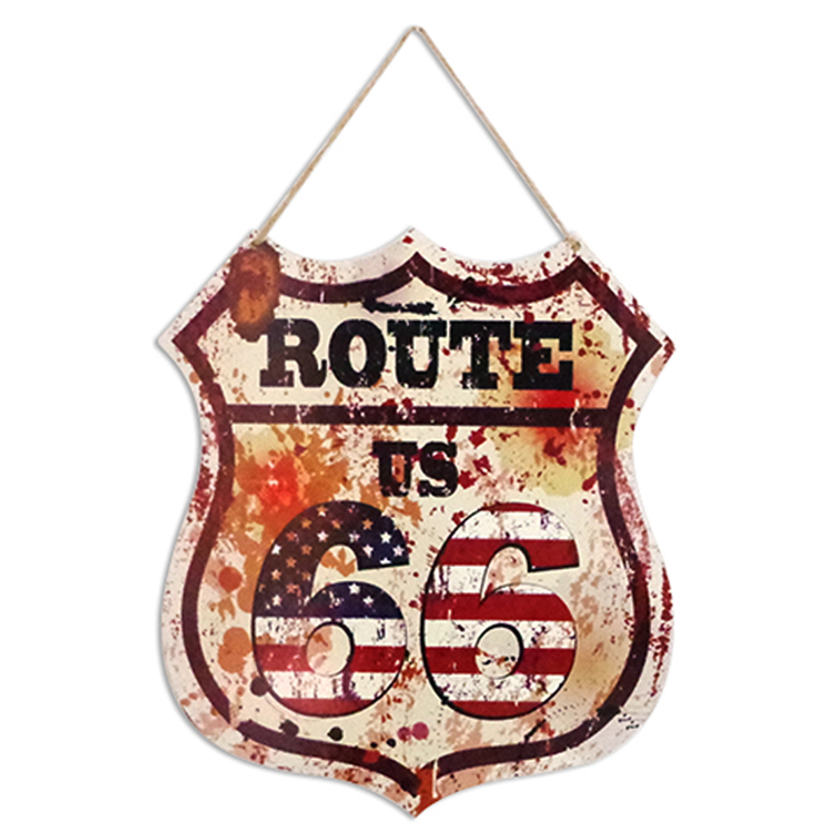 Plaque métal rétro \'Route 66\' rouge beige vintage - 35x30 cm - [A0690]