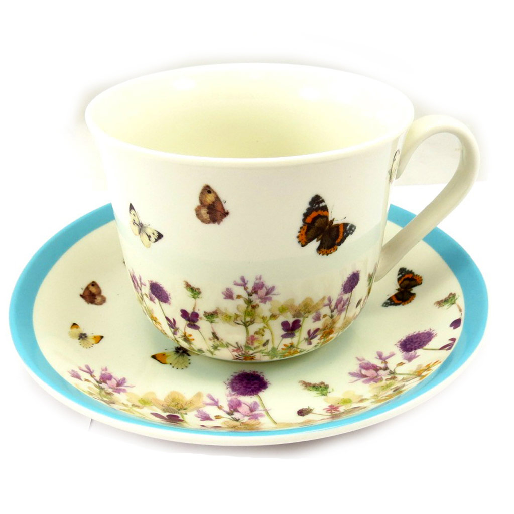 Tasse et soucoupe porcelaine \'Papillons Romantiques\' beige multicolore - tasse 85x105 mm - [A0778]