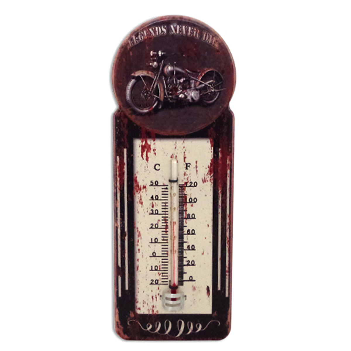 Thermomètre métal vintage \'Legends never die\' marron - 29x10 cm - [A1133]