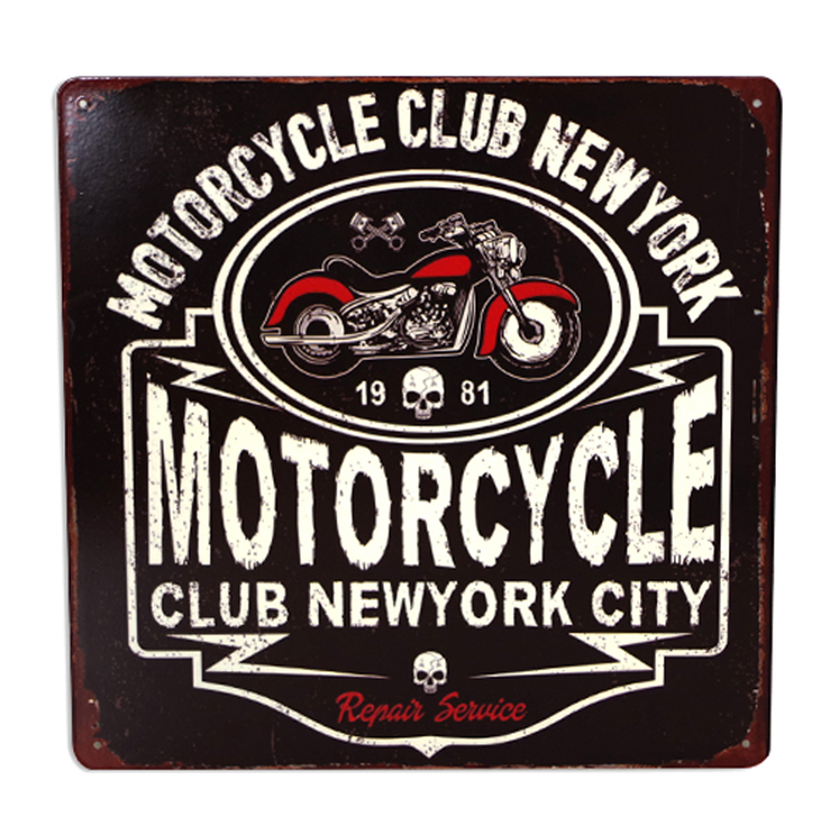 Plaque métal rétro \'Motorcycle Club New York\' noir vintage - 30x30 cm - [A1195]