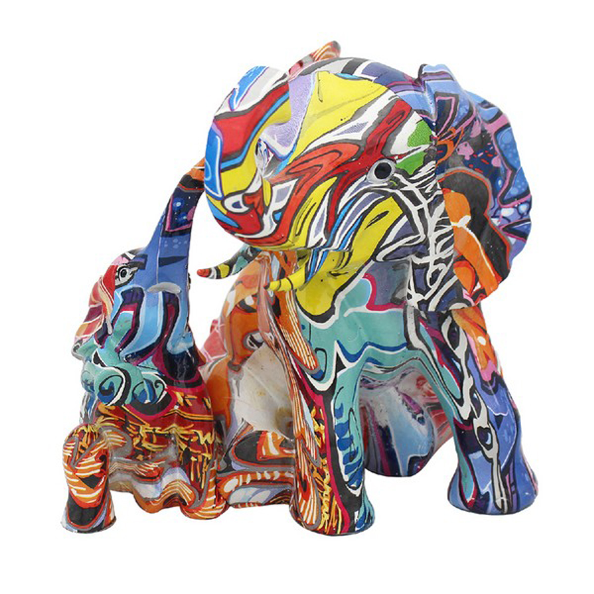 Figurine résine \'Elephant et son Petit Graffiti\' multicolore - 20x18x18 cm - [A1359]