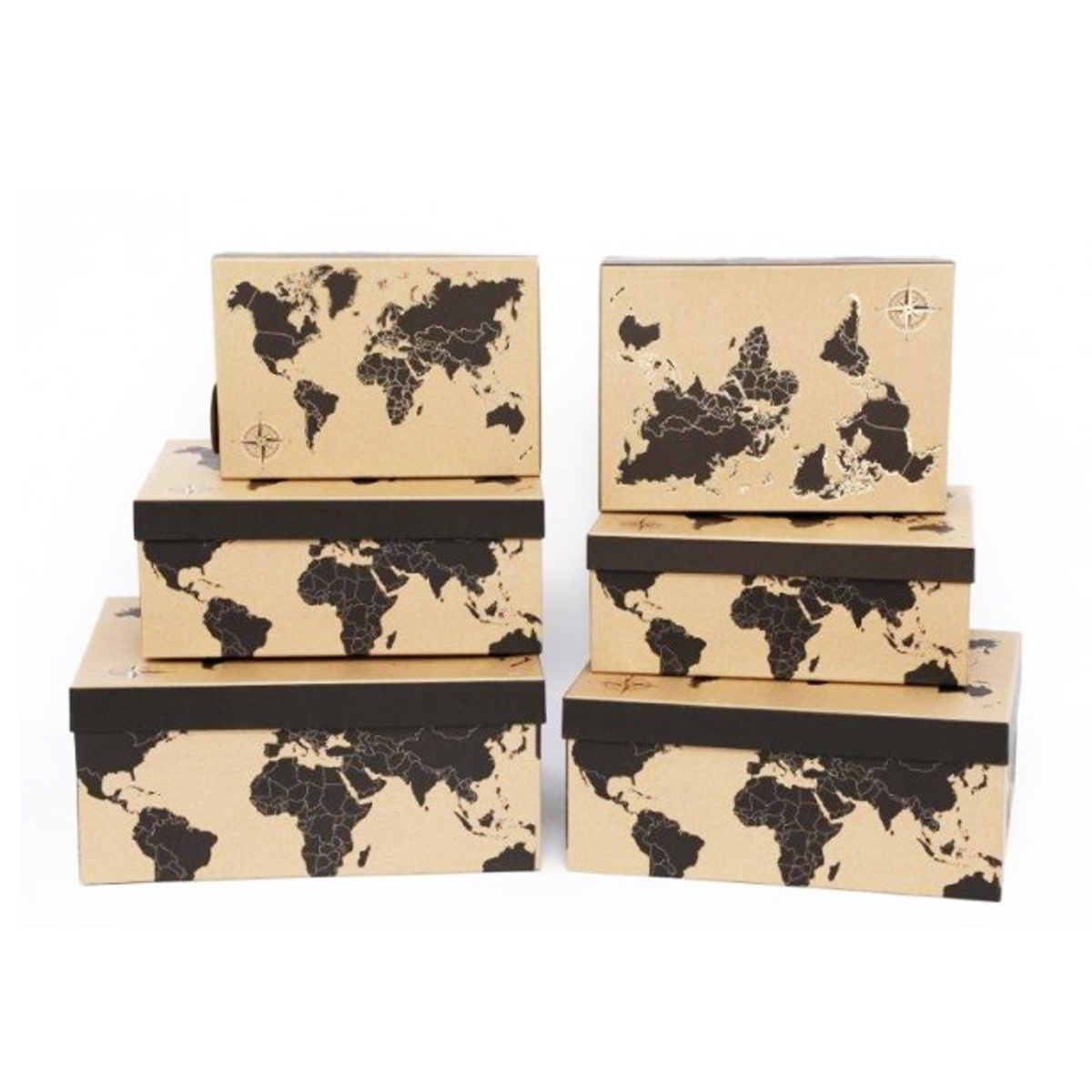 Set de 6 boîtes à Souvenirs \'Mappemonde\' noir beige - 36x28x16 cm - [A1399]