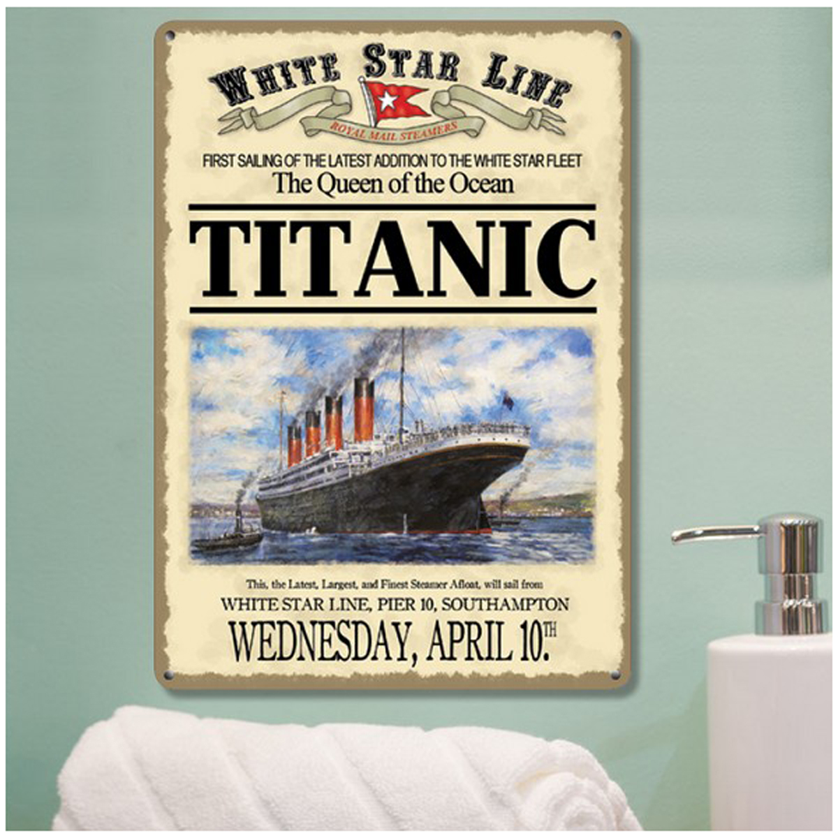 Plaque métal rétro \'Titanic\' beige bleu - 20x15 cm - [A2168]