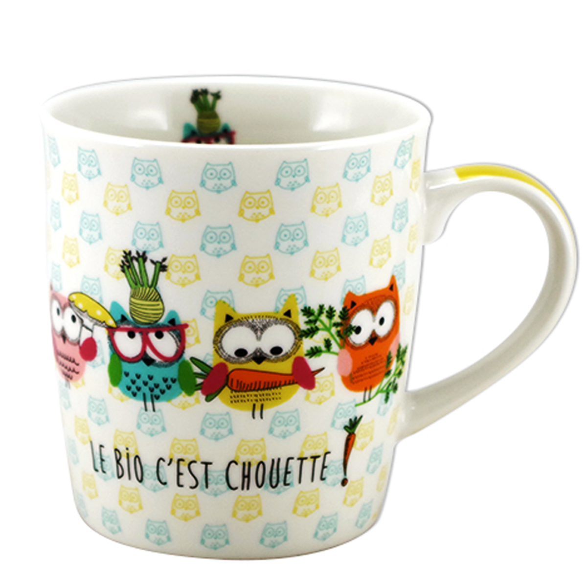 Mug porcelaine \'Chouettes\' multicolore (le bio c\'est chouette !) - 95x85 mm (32 cl) - [A2458]
