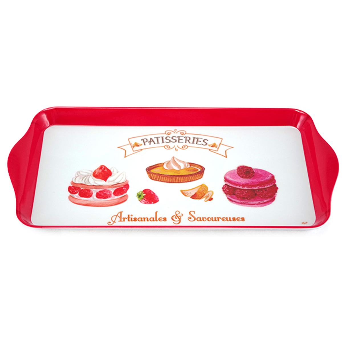 Plateau à cake mélamine \'Pâtisseries\' rouge blanc (Artisanales et Savoureuses) - 30x15 cm - [A2552]