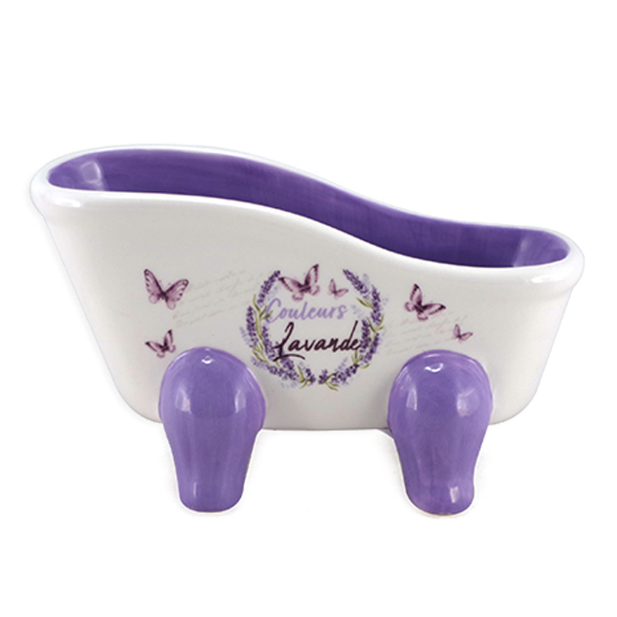 Porte-savon céramique \'Couleurs Lavande\' violet blanc (baignoire rétro) - 130x75 mm - [A2553]