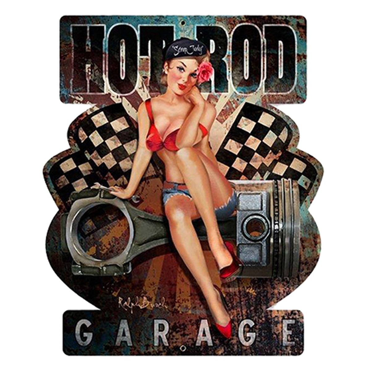 Plaque métal rétro \'Hot Rod Garage\' rouge noir vintage - 48x40 cm (Pin up) - [A2567]