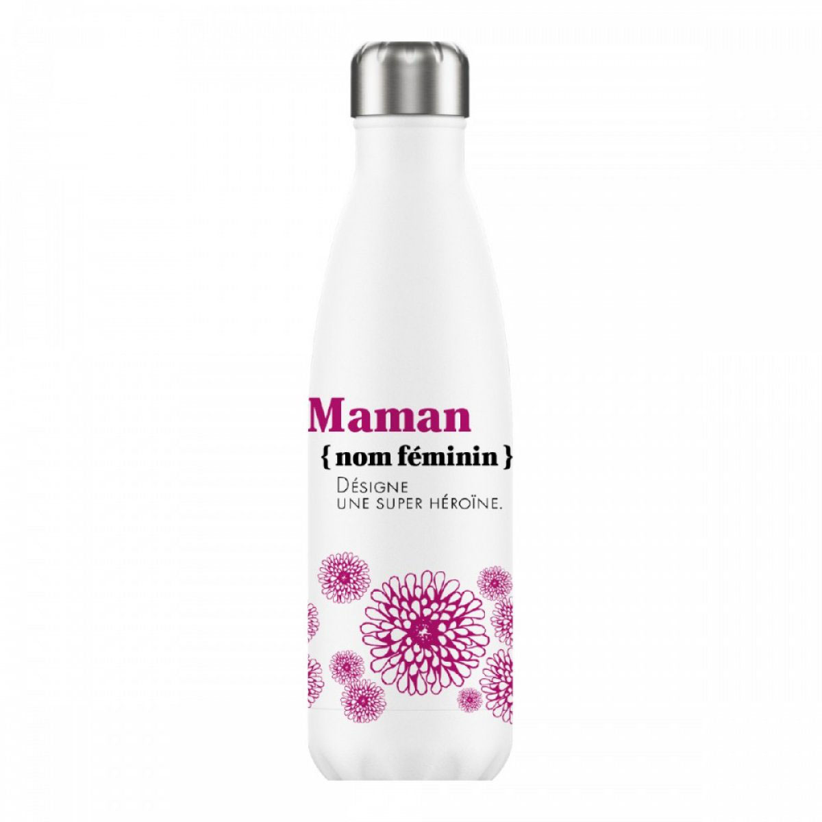Bouteille isotherme design \'Maman désigne une Super Héroine\' blanc rose - 25x5 cm (500 m) - [A2792]