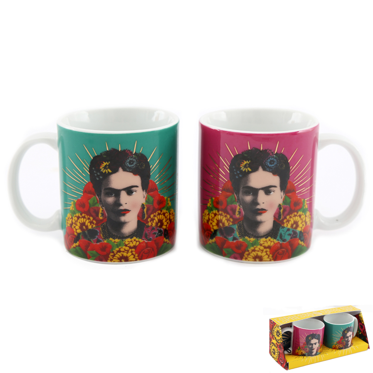 2 tasses espresso porcelaine \'Frida Kahlo\' vert rose - 60x60 mm (duo café) - [A2903]
