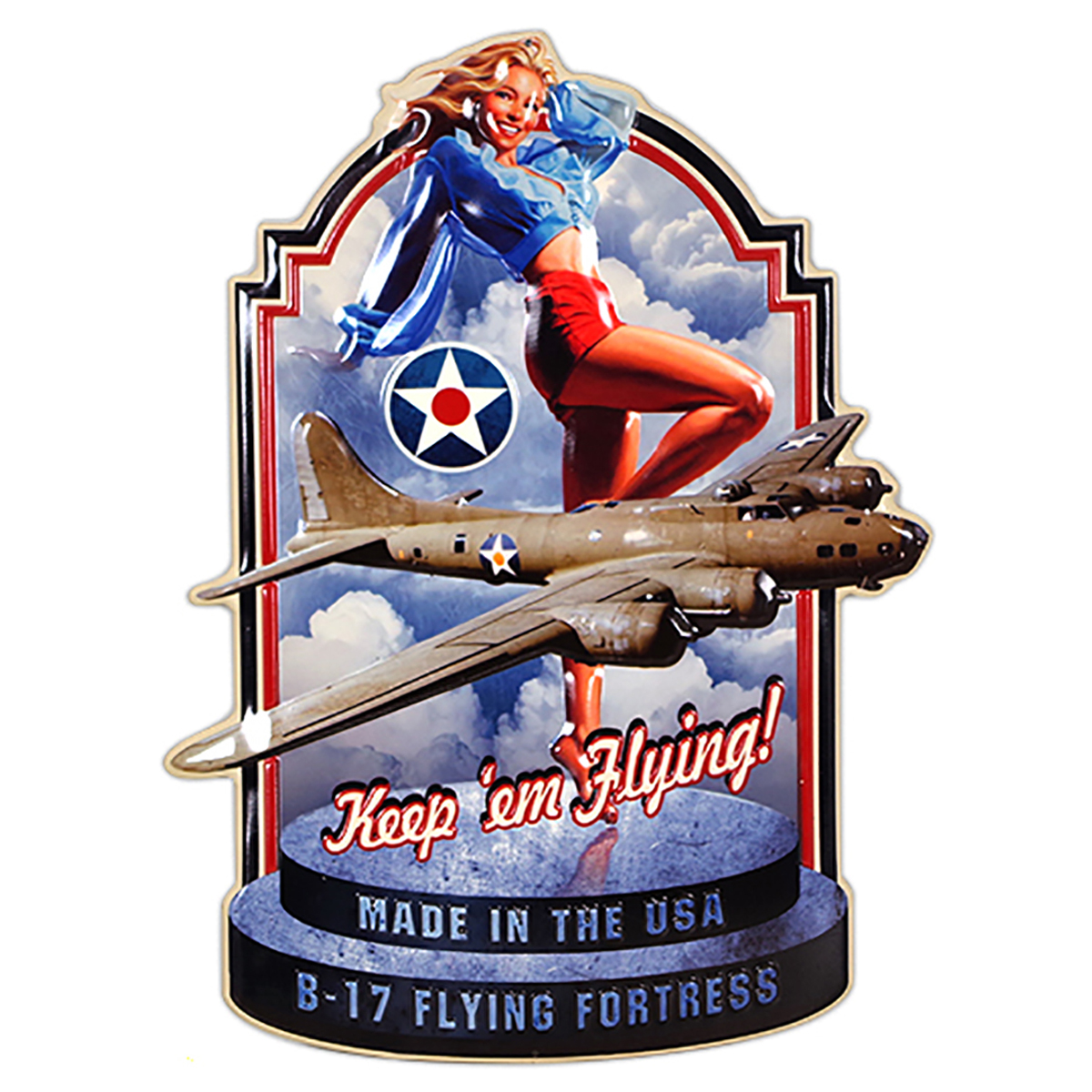 Plaque métal rétro \'B-17 Flying Fortress\' bleu vintage - 60x45 m - [A3204]