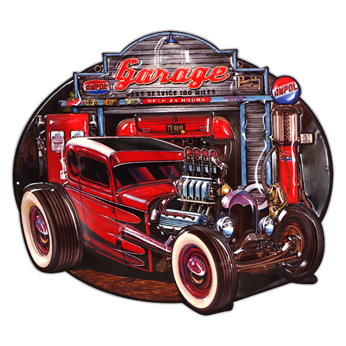 Plaque métal rétro \'Garage\' rouge noir - 50x45 m - [A3208]