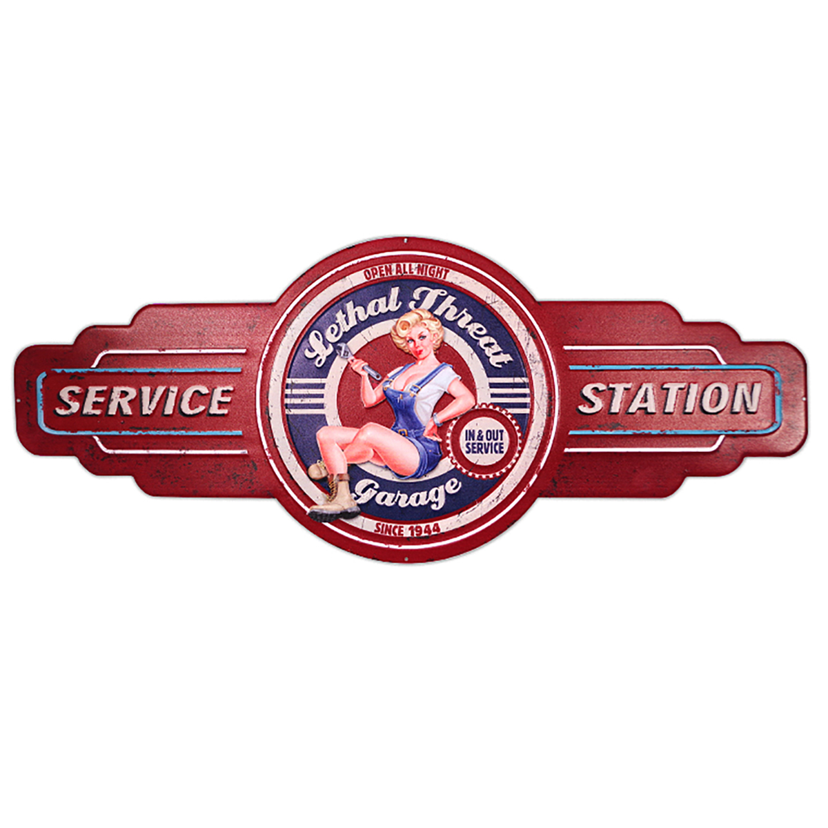 Plaque métal rétro \'Service Station\' rouge bleu vintage - 73x30 cm - [A3225]