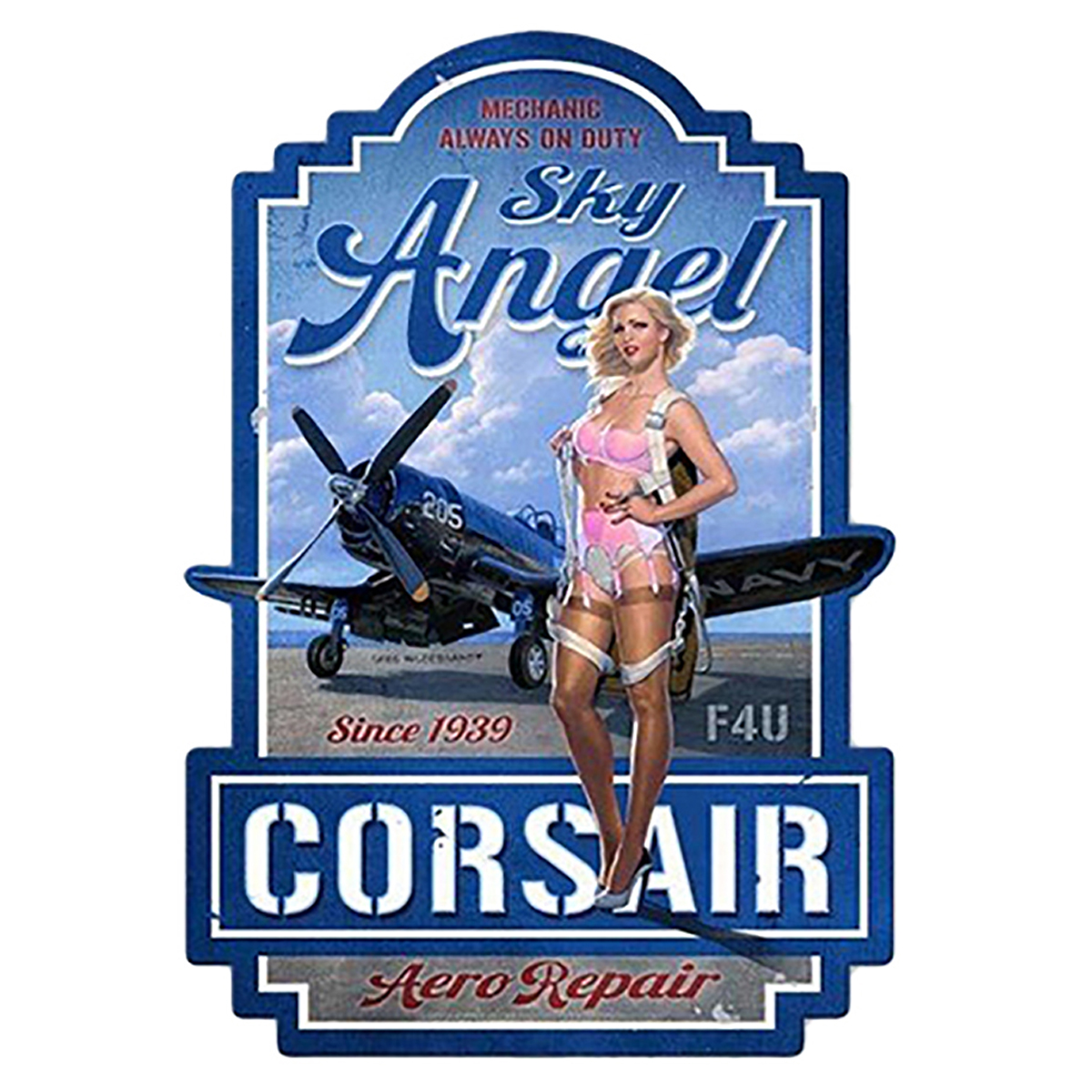 Plaque métal rétro \'Sky Angel Corsair\' bleu vintage - 60x45 m - [A3229]