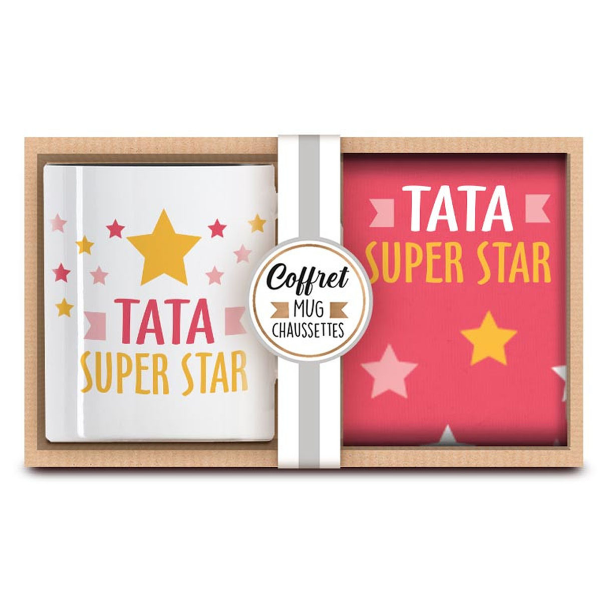 Coffret tendresse mug + chaussettes \'Tata\' corail jaune - mug 95x80 mm (Tata Super Star) - [A3422]