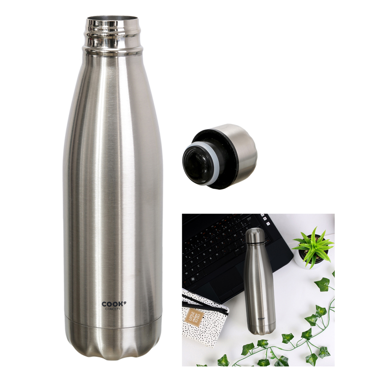 Bouteille isotherme design \'Pure\' chrome - 25x6 cm (500 ml) - [A3498]